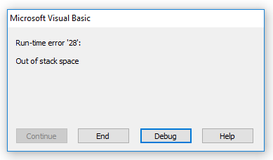excel runtime error out of stack space